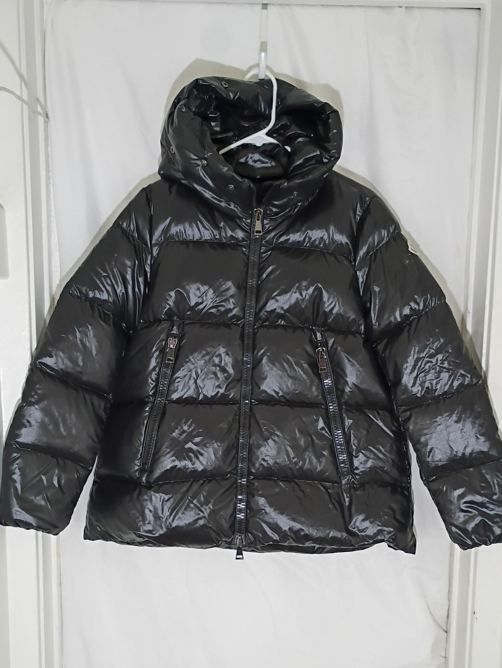 Moncler Glossy Black Quilted Puffer Jacket with Logo Patch